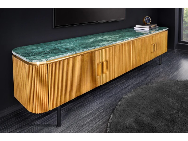 Meuble TV VENEZIANO 160 cm – Bois de manguier & plateau en marbre