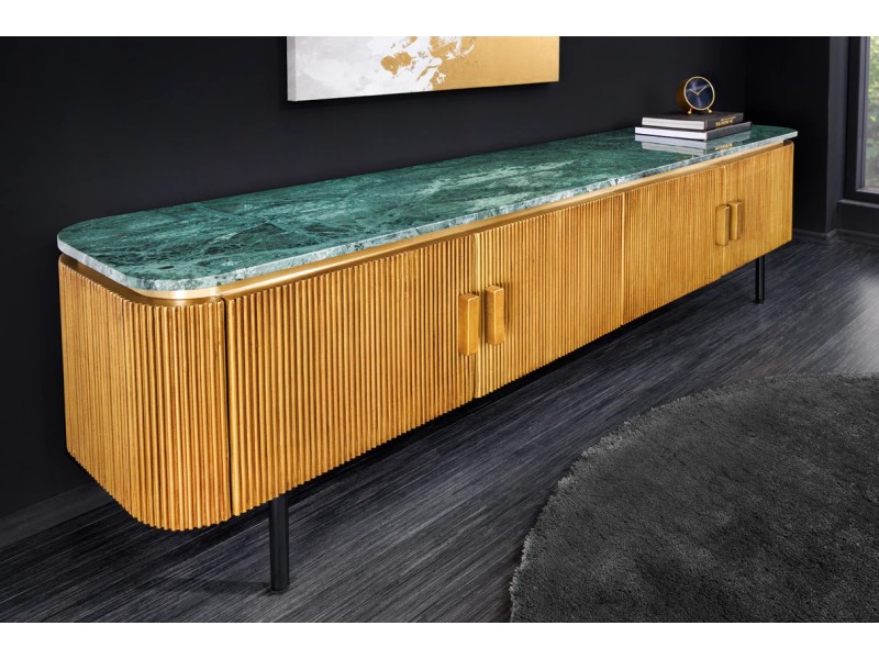 Meuble TV VENEZIANO 160 cm – Bois de manguier & plateau en marbre