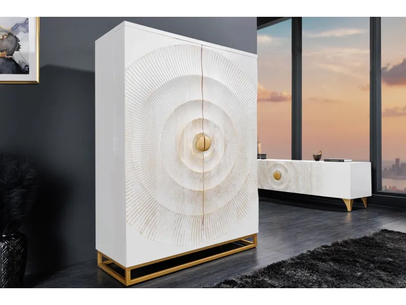 Bar GOLDEN SUNSET 140 cm blanc | Buffet bar moderne bois massif – Adenia Home
