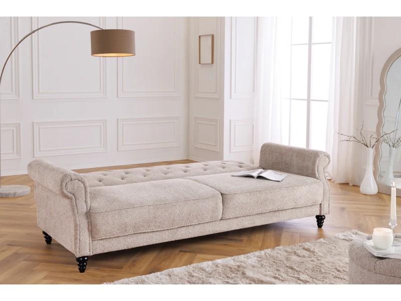 Canapé-lit Chesterfield 3 places grège bouclé | Adenia Home