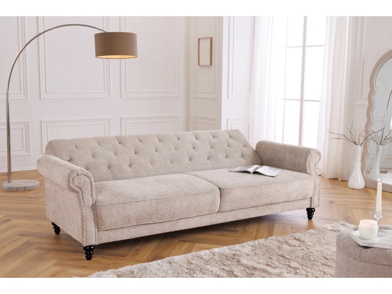 Canapé-lit Chesterfield 3 places grège bouclé | Adenia Home
