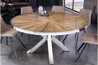 Table à Manger Ronde en Teck et Verre – Élégance Naturelle et Design Chromé Ø140 cm 2