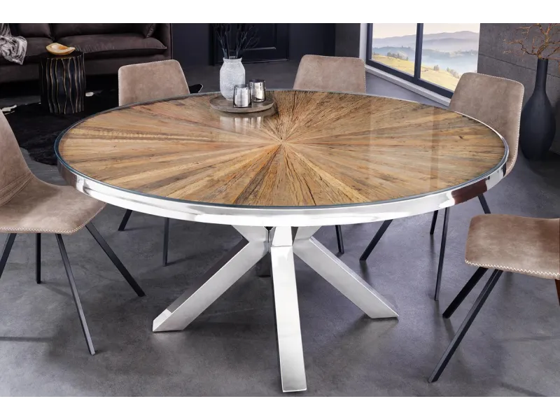 Table à Manger Ronde en Teck et Verre – Élégance Naturelle et Design Chromé Ø140 cm