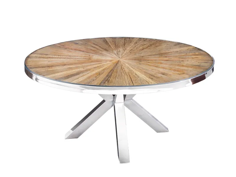 Table à Manger Ronde en Teck et Verre – Élégance Naturelle et Design Chromé Ø140 cm