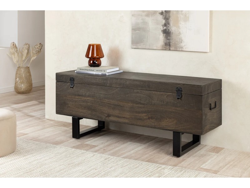 Banc coffre FACTORY LOFT – 115 cm – Bois de manguier taupe marron