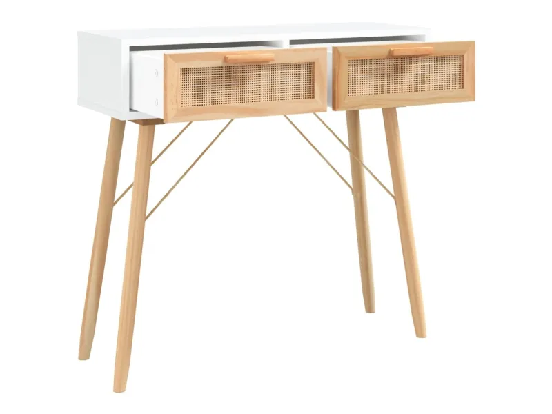 Table console Marron/Blanc 80x30x75 cm Bois massif pin/rotin naturel