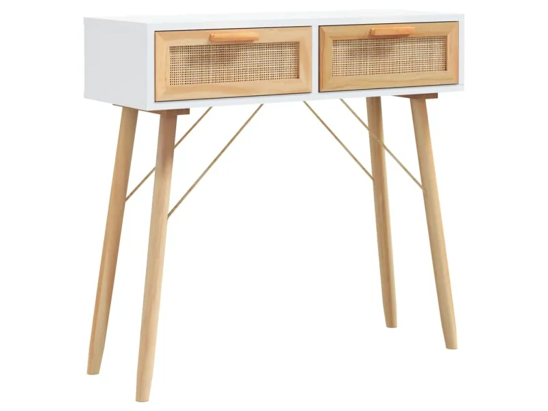 Table console Marron/Blanc 80x30x75 cm Bois massif pin/rotin naturel