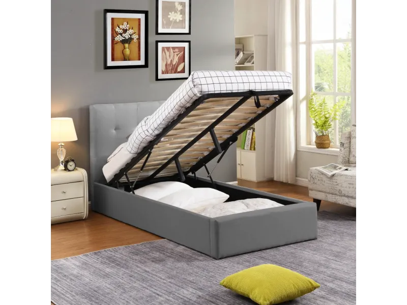 Lit coffre moderne de 90 x 200 cm en tissu coloris beige