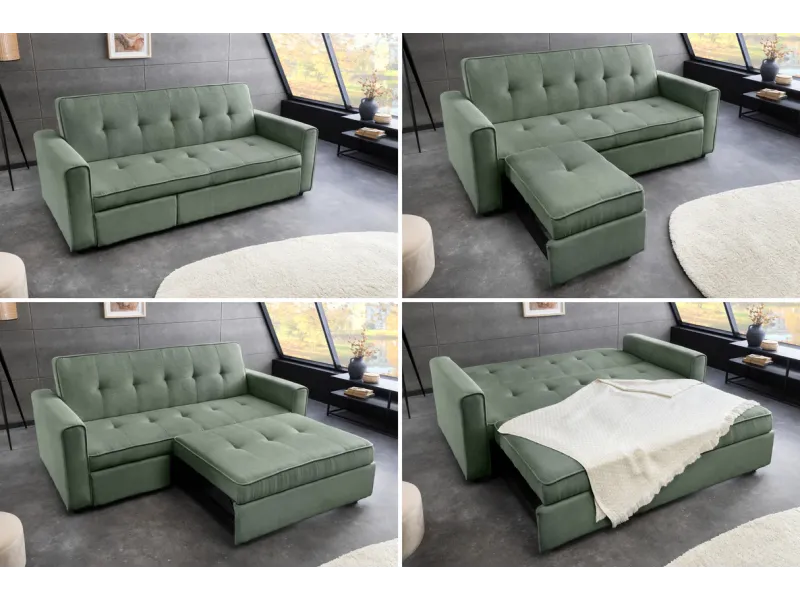 Canapé-lit extensible SMART, 180 cm, velours côtelé vert, canapé 2 places avec ressorts anti-affaissement