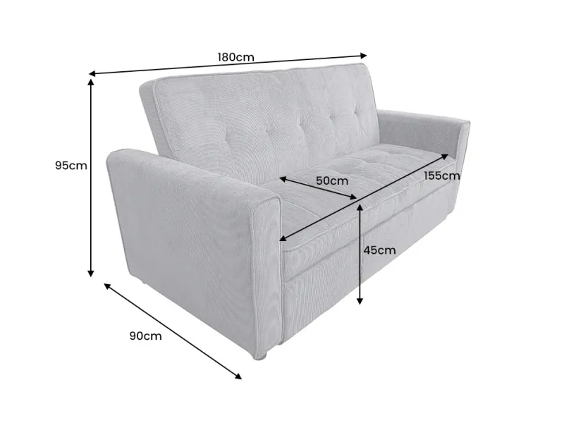 Canapé-lit extensible SMART, 180 cm, velours côtelé gris, canapé 2 places avec ressorts anti-affaissement