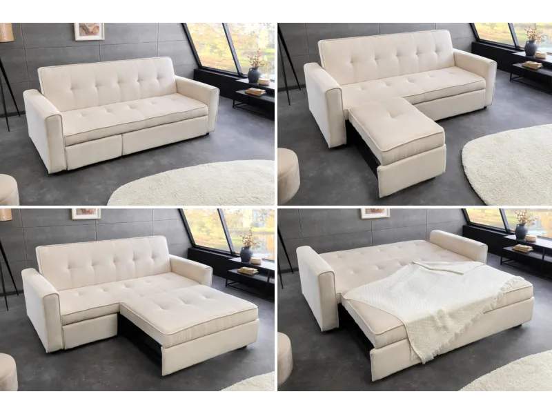 Canapé-lit extensible SMART, 180 cm, velours côtelé beige, canapé 2 places avec ressorts anti-affaissement