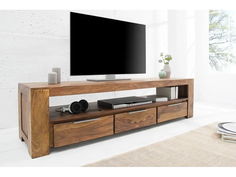 Meuble TV Moderne Bois Massif Sheesham Naturel 170 cm avec 3 Tiroirs – Meuble TV Bois Massif Salon