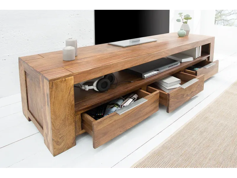 Meuble TV Moderne Bois Massif Sheesham Naturel 170 cm avec 3 Tiroirs – Meuble TV Bois Massif Salon
