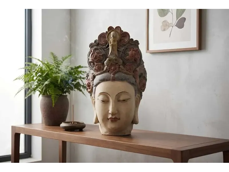 Tête de Bouddha en figurine, 45 cm, multicolore, tête décorative faite main, déesse des fleurs