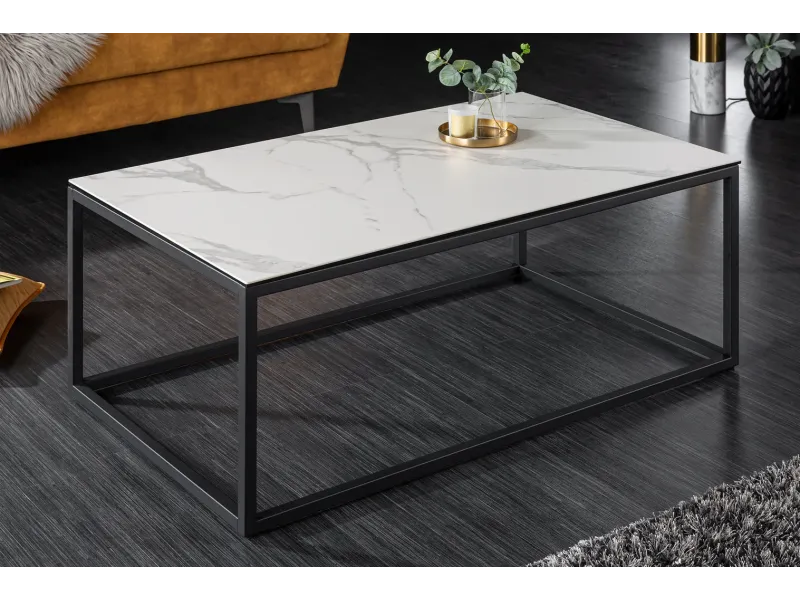 Table basse SYMBIOSE 100 cm en céramique blanche aspect marbre avec plateau en verre trempé