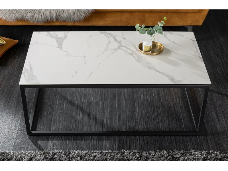 Table basse SYMBIOSE 100 cm en céramique blanche aspect marbre avec plateau en verre trempé