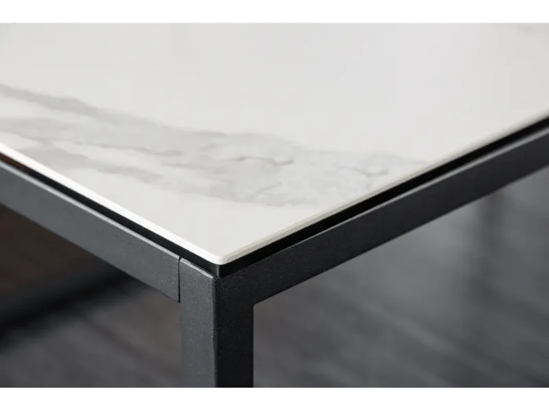 Table basse SYMBIOSE 100 cm en céramique blanche aspect marbre avec plateau en verre trempé