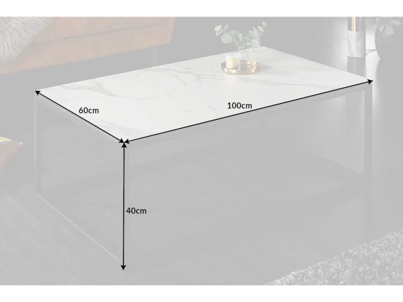 Table basse SYMBIOSE 100 cm en céramique blanche aspect marbre avec plateau en verre trempé