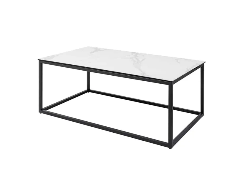 Table basse SYMBIOSE 100 cm en céramique blanche aspect marbre avec plateau en verre trempé