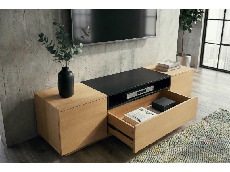 Meuble TV 160 cm noir et chêne naturel | Meuble TV design |ADENIA HOME