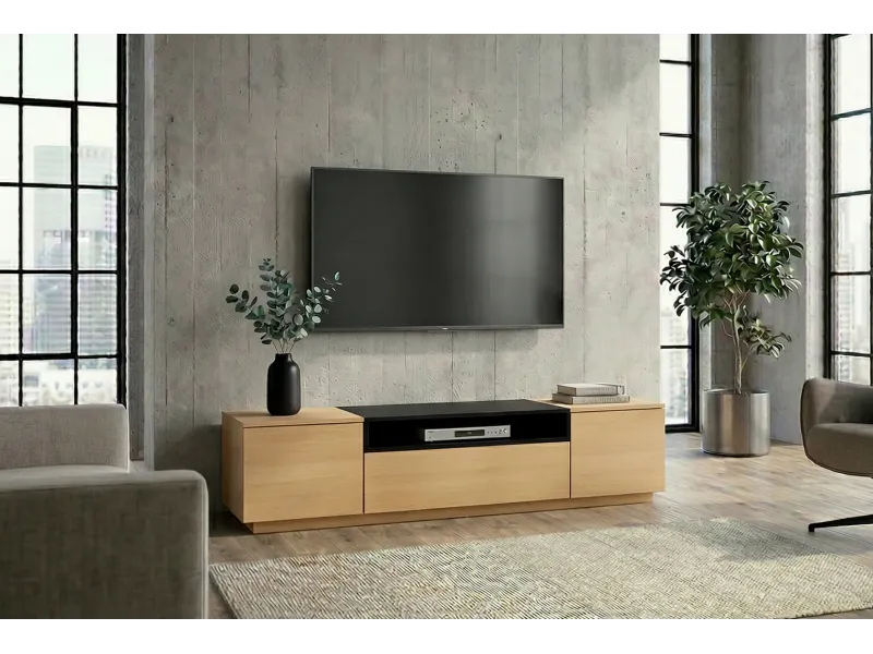 Meuble TV 160 cm noir et chêne naturel | Meuble TV design |ADENIA HOME