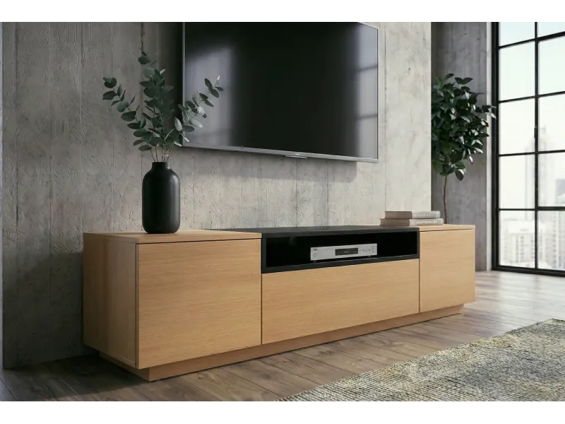 Meuble TV 160 cm noir et chêne naturel | Meuble TV design |ADENIA HOME