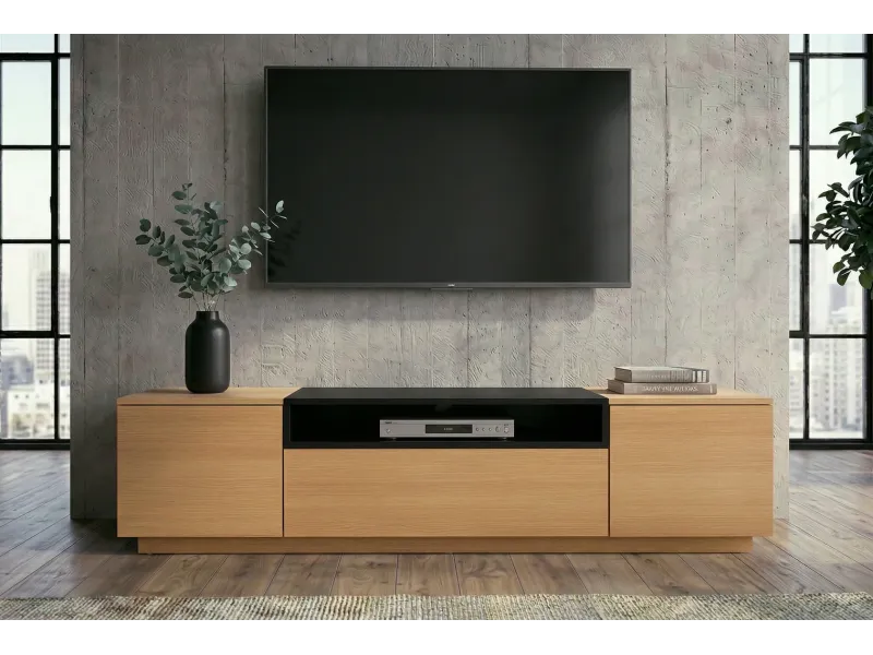 Meuble TV 160 cm noir et chêne naturel | Meuble TV design |ADENIA HOME