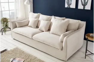 Canapé 3 places HEAVEN 200cm tissu lin naturel coussin plumes d'oie noyau ressorts housse amovible