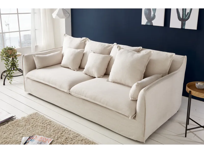 Canapé 3 places HEAVEN 200cm tissu lin naturel coussin plumes d'oie noyau ressorts housse amovible