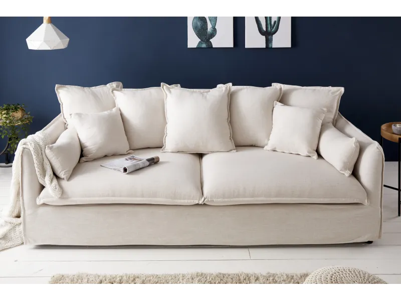 Canapé 3 places HEAVEN 200cm tissu lin naturel coussin plumes d'oie noyau ressorts housse amovible