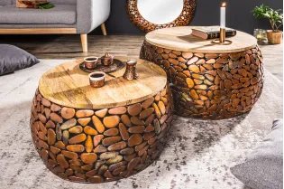Tables basses gigognes Stone Mosaic en manguier et cuivre — Adeniahome
