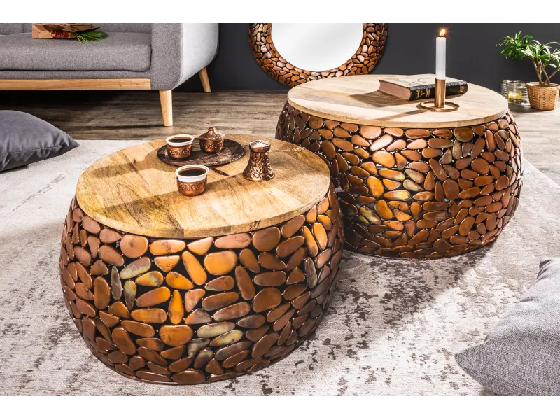 Tables basses gigognes Stone Mosaic en manguier et cuivre — Adeniahome