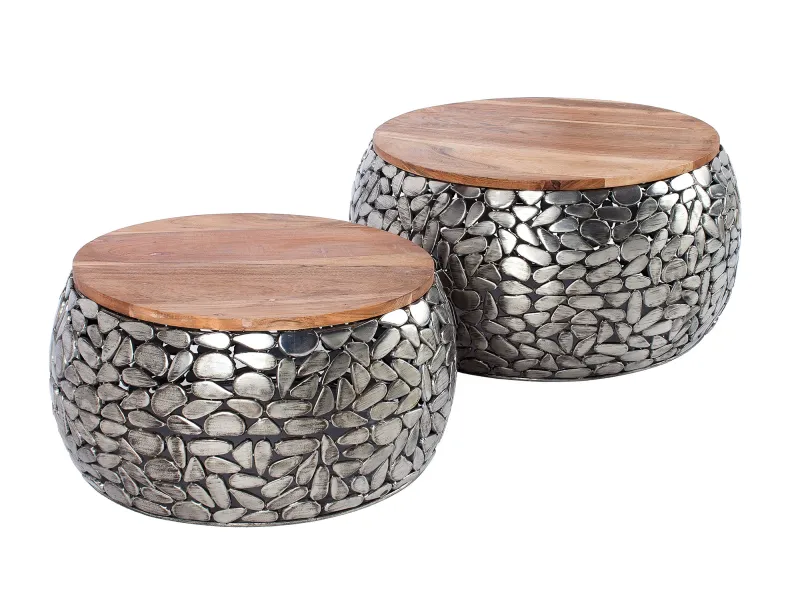 Tables basses gigognes Stone Mosaic en manguier massif — Set de 2