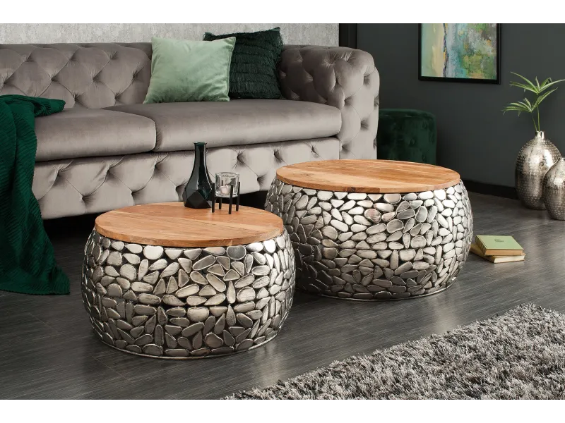 Tables basses gigognes Stone Mosaic en manguier massif — Set de 2