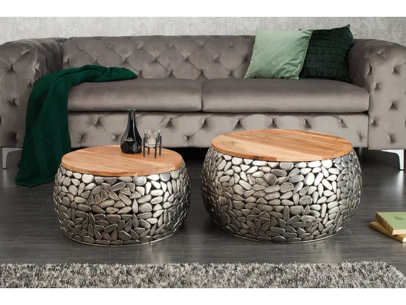Tables basses gigognes Stone Mosaic en manguier massif — Set de 2