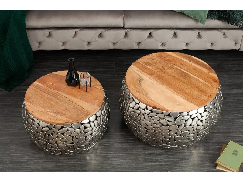 Tables basses gigognes Stone Mosaic en manguier massif — Set de 2