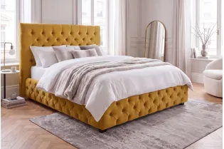 Lit Chesterfield Paris velours jaune moutarde 160×200 cm