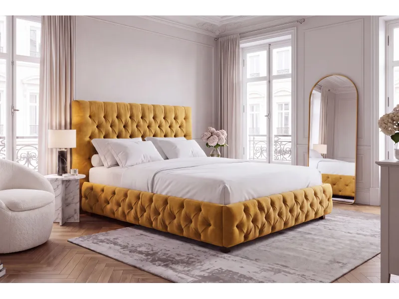Lit Chesterfield Paris velours jaune moutarde 160×200 cm