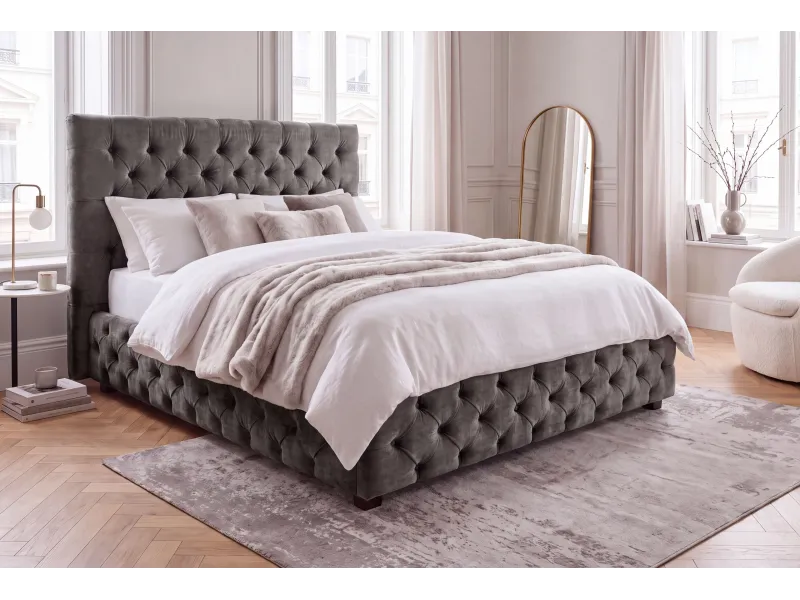 Lit Chesterfield Paris 160x200 cm — Velours olive gris élégant
