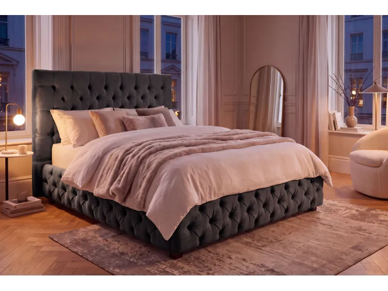 Lit Chesterfield Paris 160x200 cm — Velours olive gris élégant