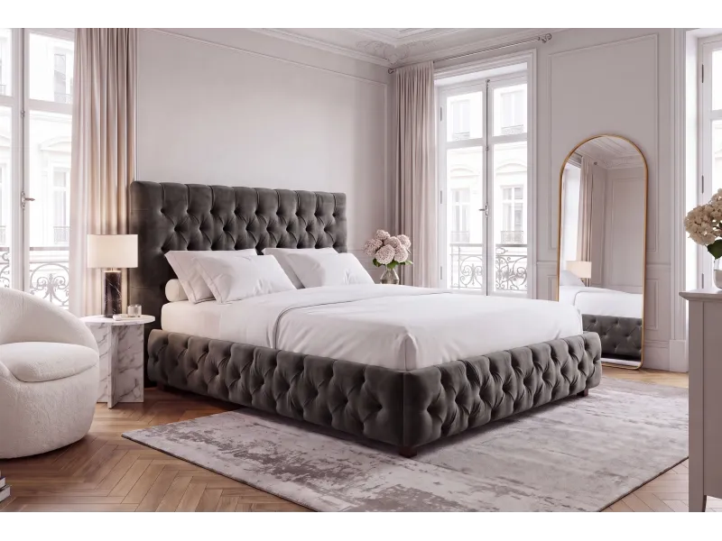 Lit Chesterfield Paris 160x200 cm — Velours olive gris élégant