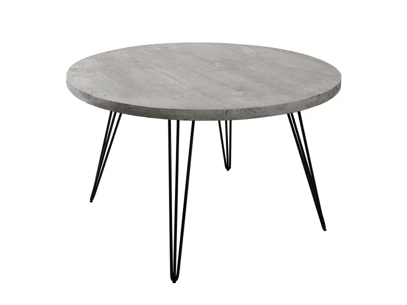 Table ronde Scorpion Ø120 cm — Manguier massif gris, pieds métal