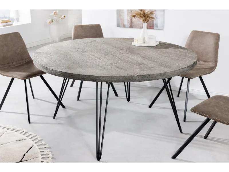 Table ronde Scorpion Ø120 cm — Manguier massif gris, pieds métal