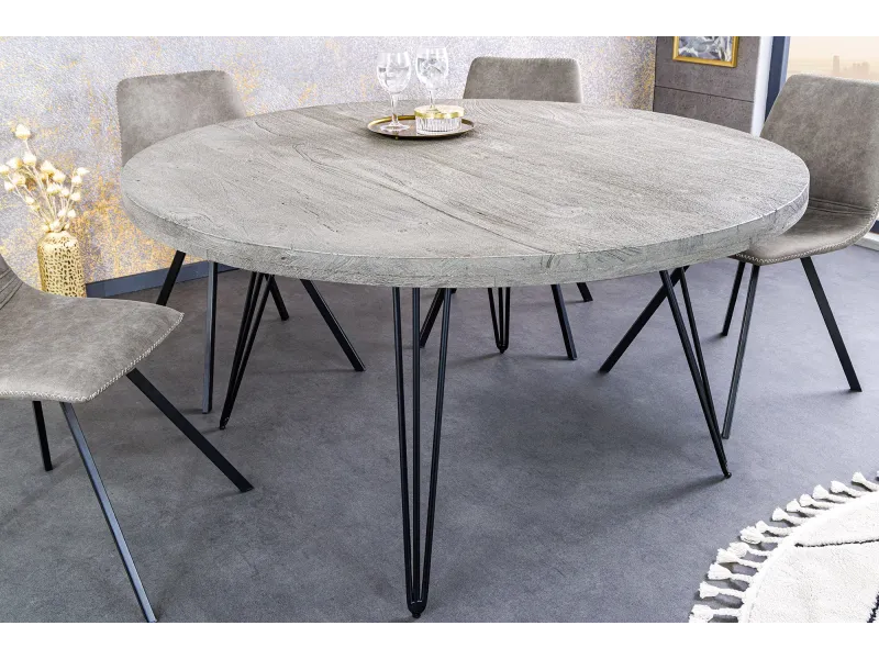 Table ronde Scorpion Ø120 cm — Manguier massif gris, pieds métal
