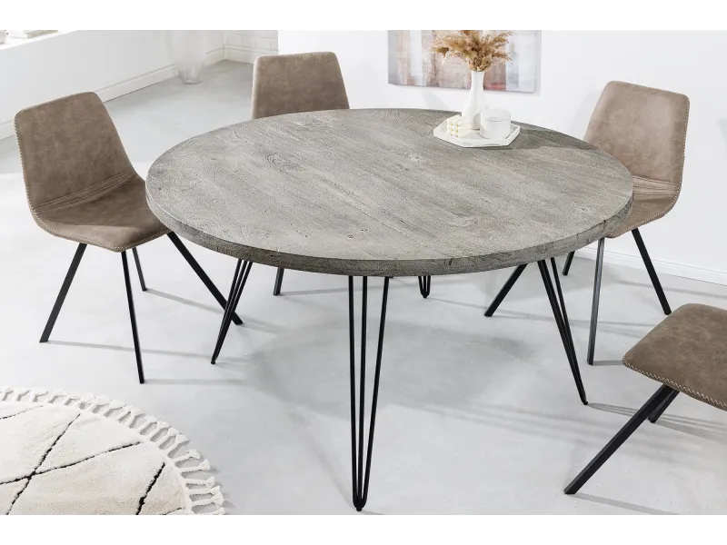 Table ronde Scorpion Ø120 cm — Manguier massif gris, pieds métal