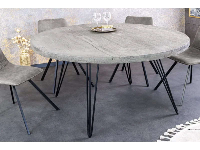 Table ronde Scorpion Ø120 cm — Manguier massif gris, pieds métal
