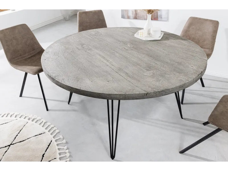 Table ronde Scorpion Ø120 cm — Manguier massif gris, pieds métal