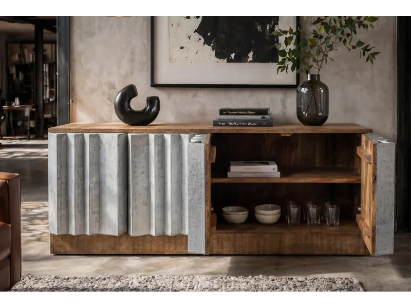 Meuble TV Zalvero 150 cm manguier massif aluminium — Adeniahome
