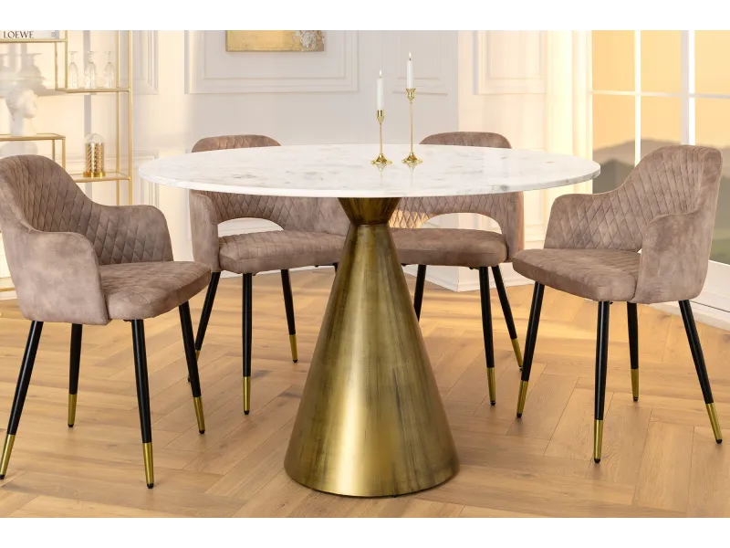 Table à manger ELEGANCIA Ø 100 cm marbre blanc pied cuivré