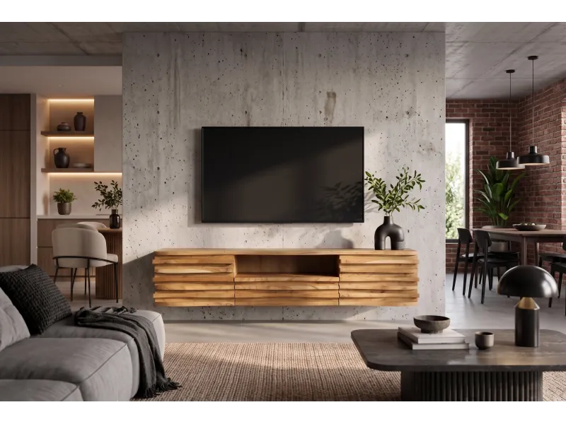 Meuble TV suspendu RELIEF 200 cm en acacia massif — Adeniahome